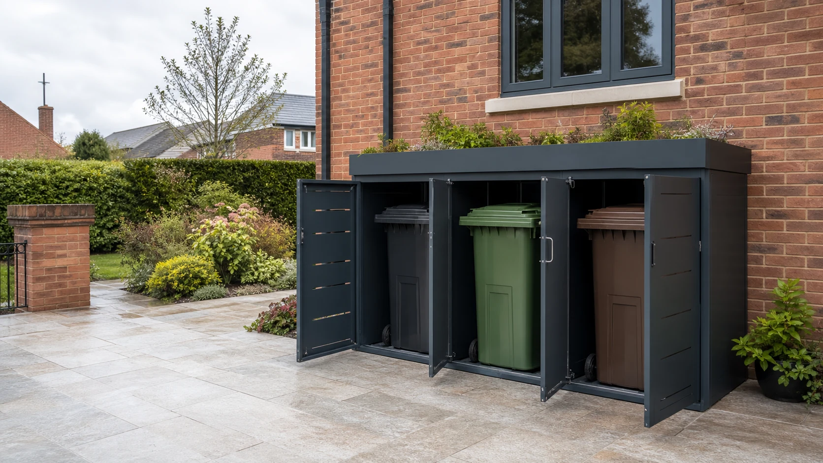 Illustrative three-bin storage enclosure beside a British home